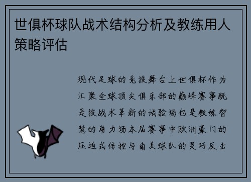 世俱杯球队战术结构分析及教练用人策略评估