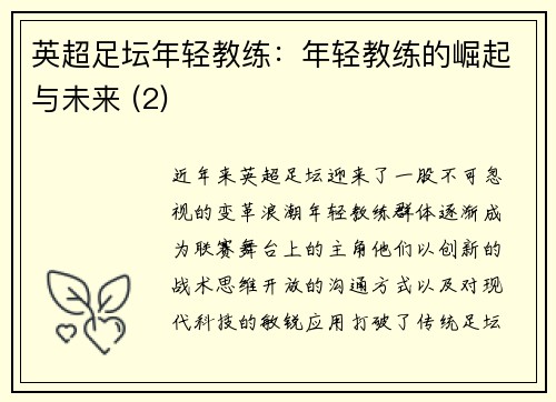 英超足坛年轻教练:年轻教练的崛起与未来 (2)
