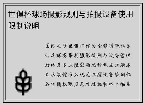 世俱杯球场摄影规则与拍摄设备使用限制说明